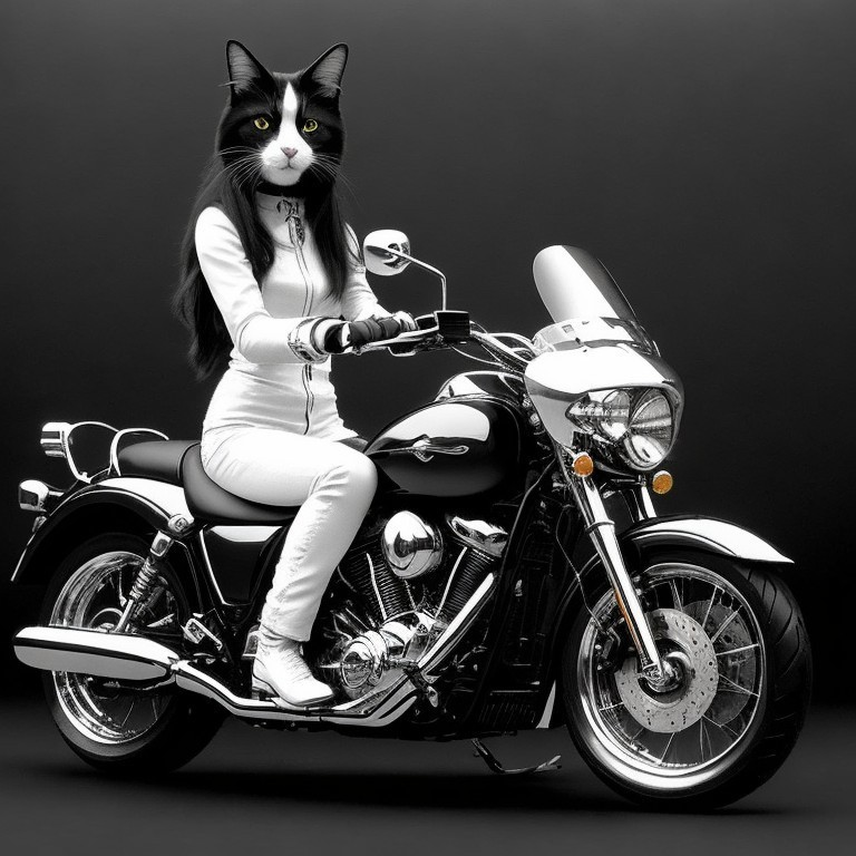 Black and white cat in jumpsuit on motorcycle against dark backdrop