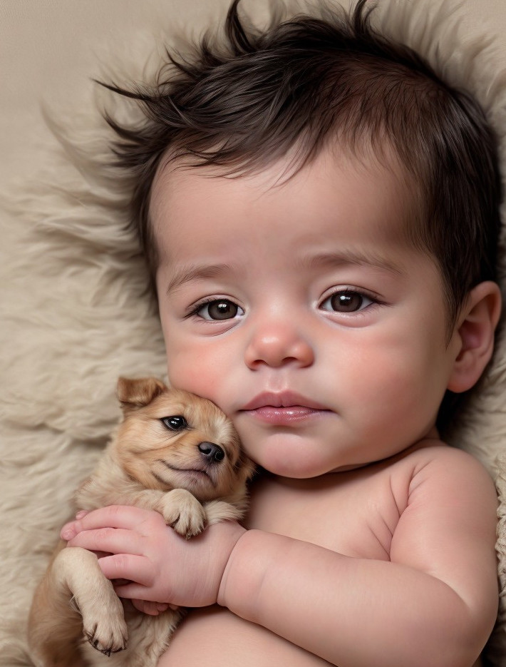 Child with Puppy in Tender Embrace on Soft Background
