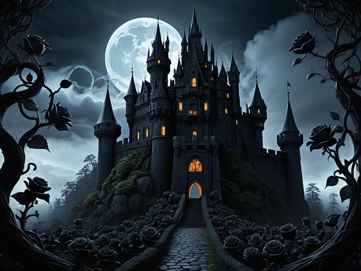 Majestic castle on a rocky hill under a full moon