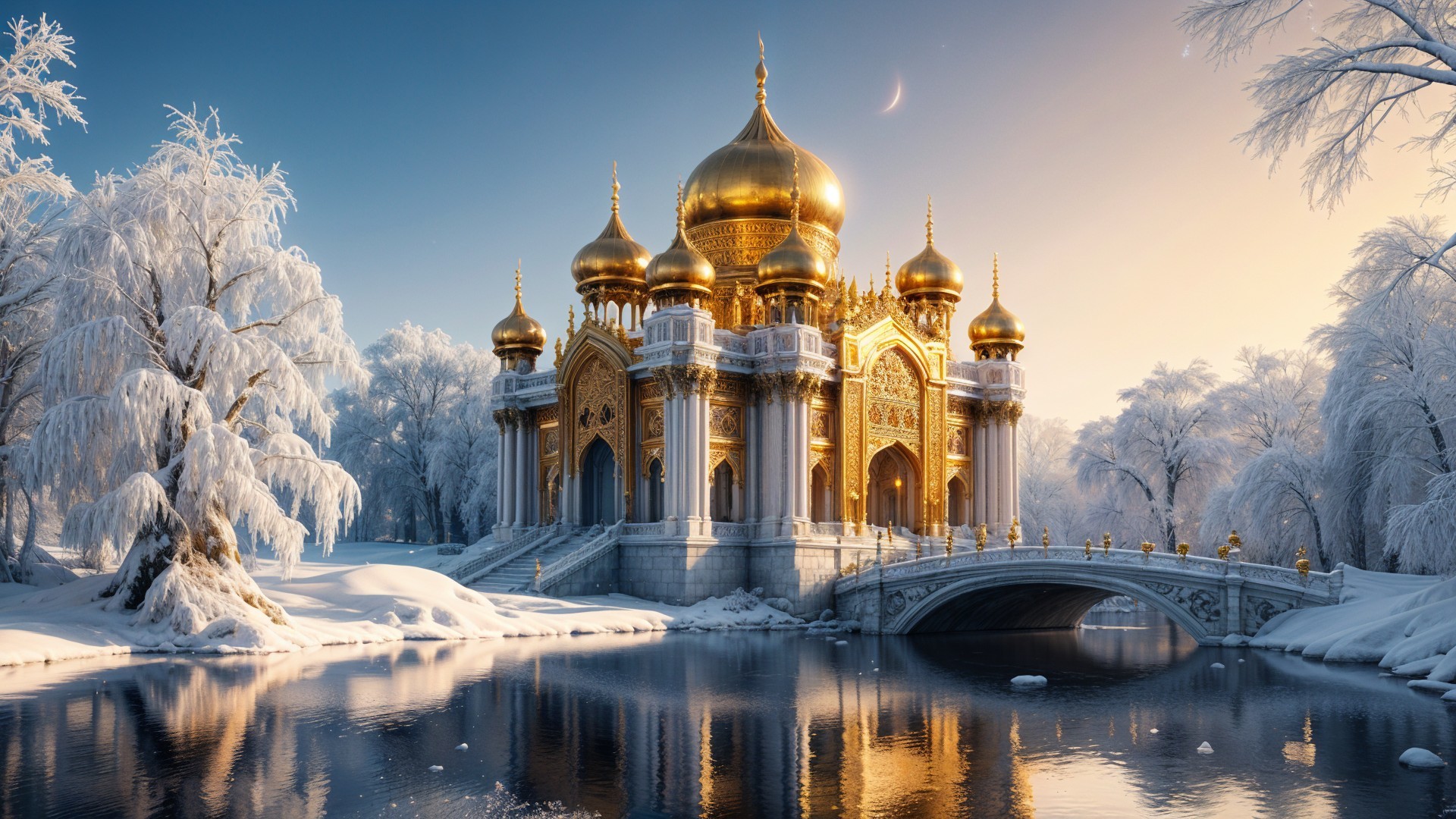 Majestic palace with golden domes in winter landscape