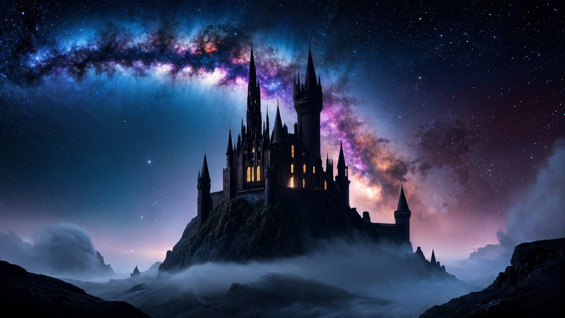 Majestic castle on mountain with cosmic backdrop