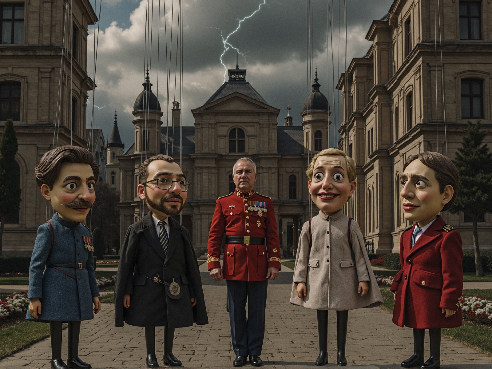 Puppet Figures in Stormy Scene Before Grand Building