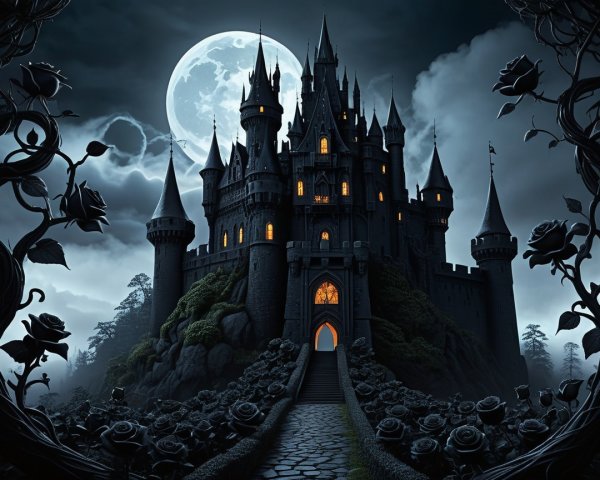 Majestic castle on a rocky hill under a full moon