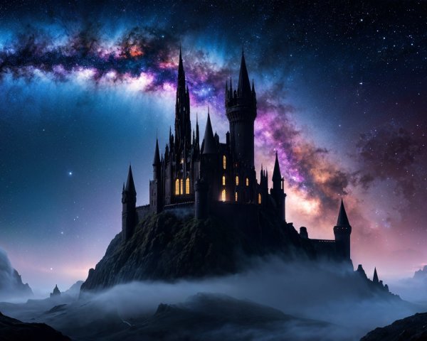 Majestic castle on mountain with cosmic backdrop