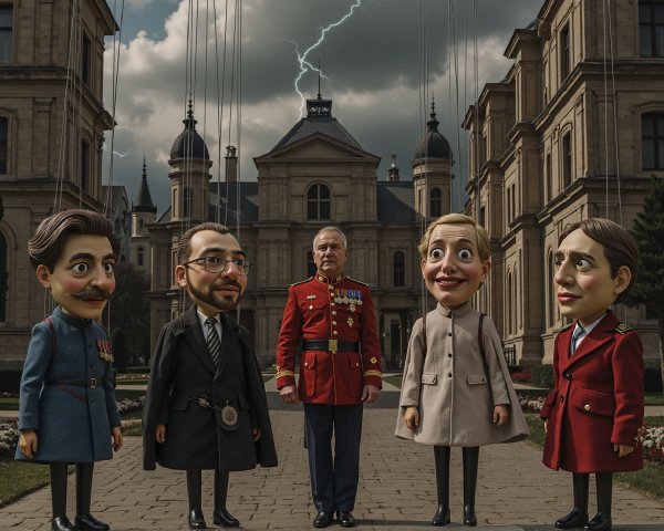Puppet Figures in Stormy Scene Before Grand Building