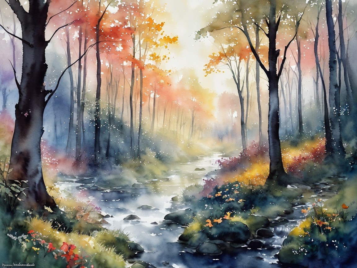 Watercolor Landscape of Autumn Forest and Stream