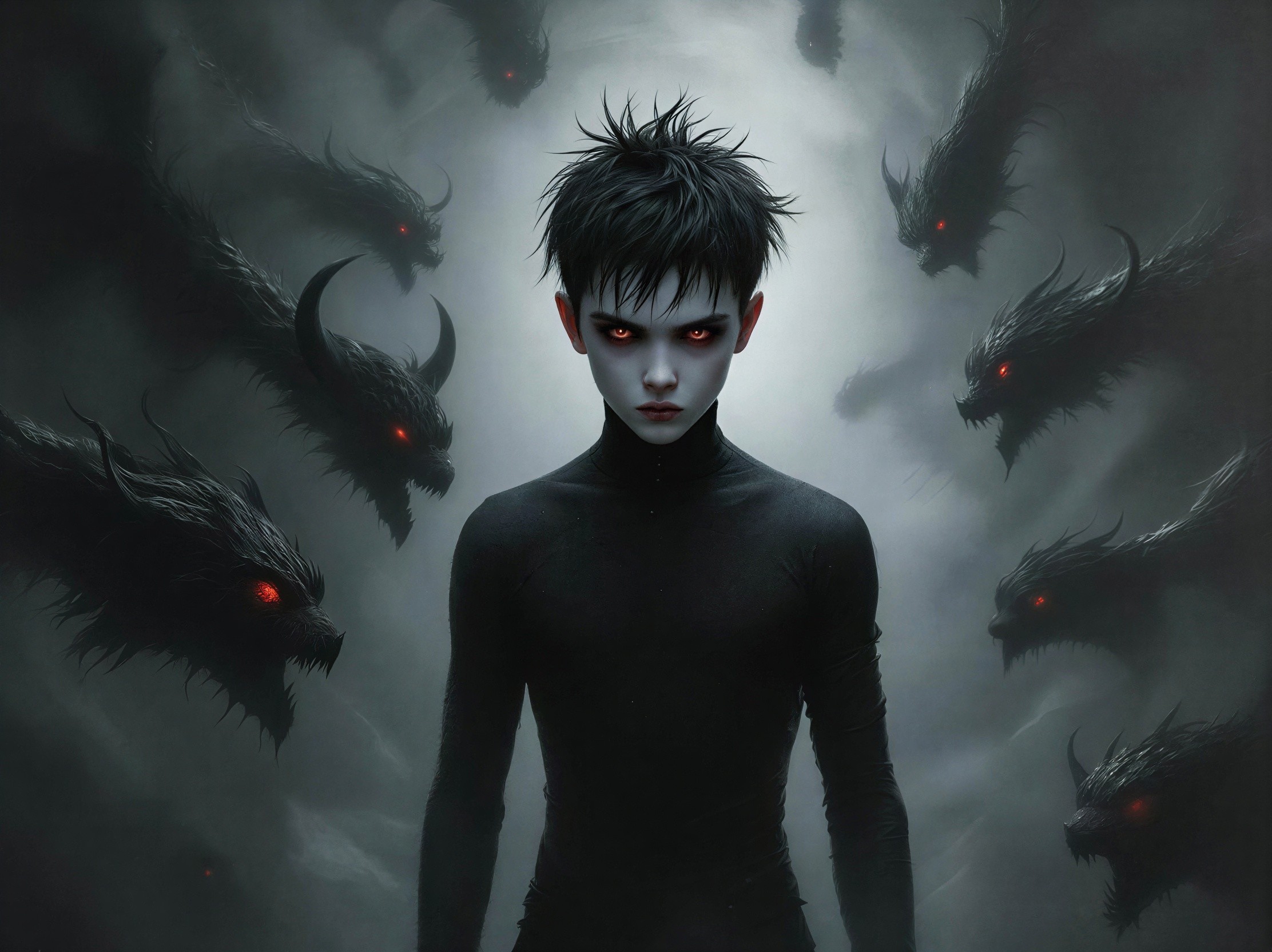 Cinematic Digital Painting of a Goth Boy with Dragons