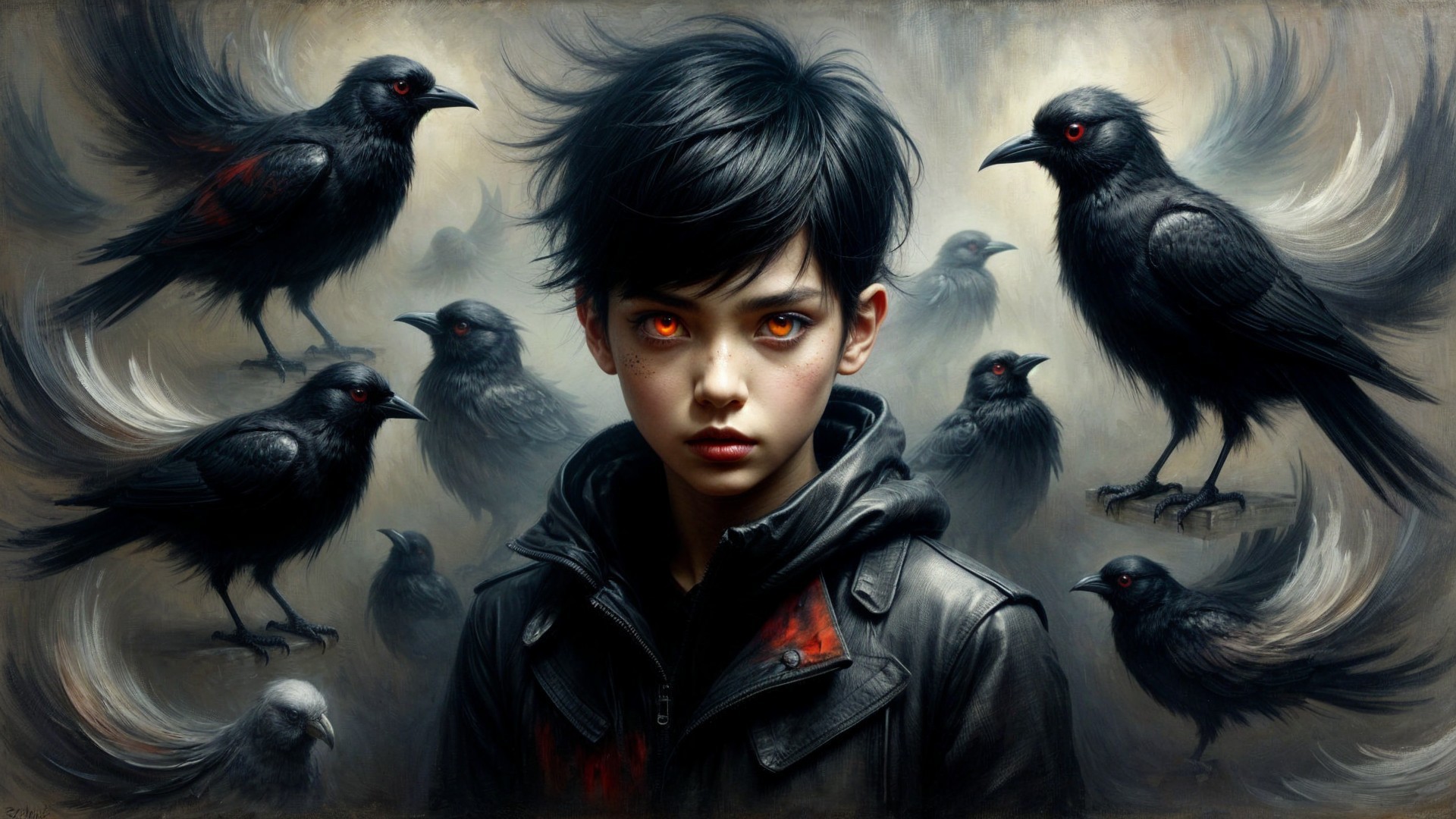 Haunting Portrait of Child with Glowing Orange Eyes