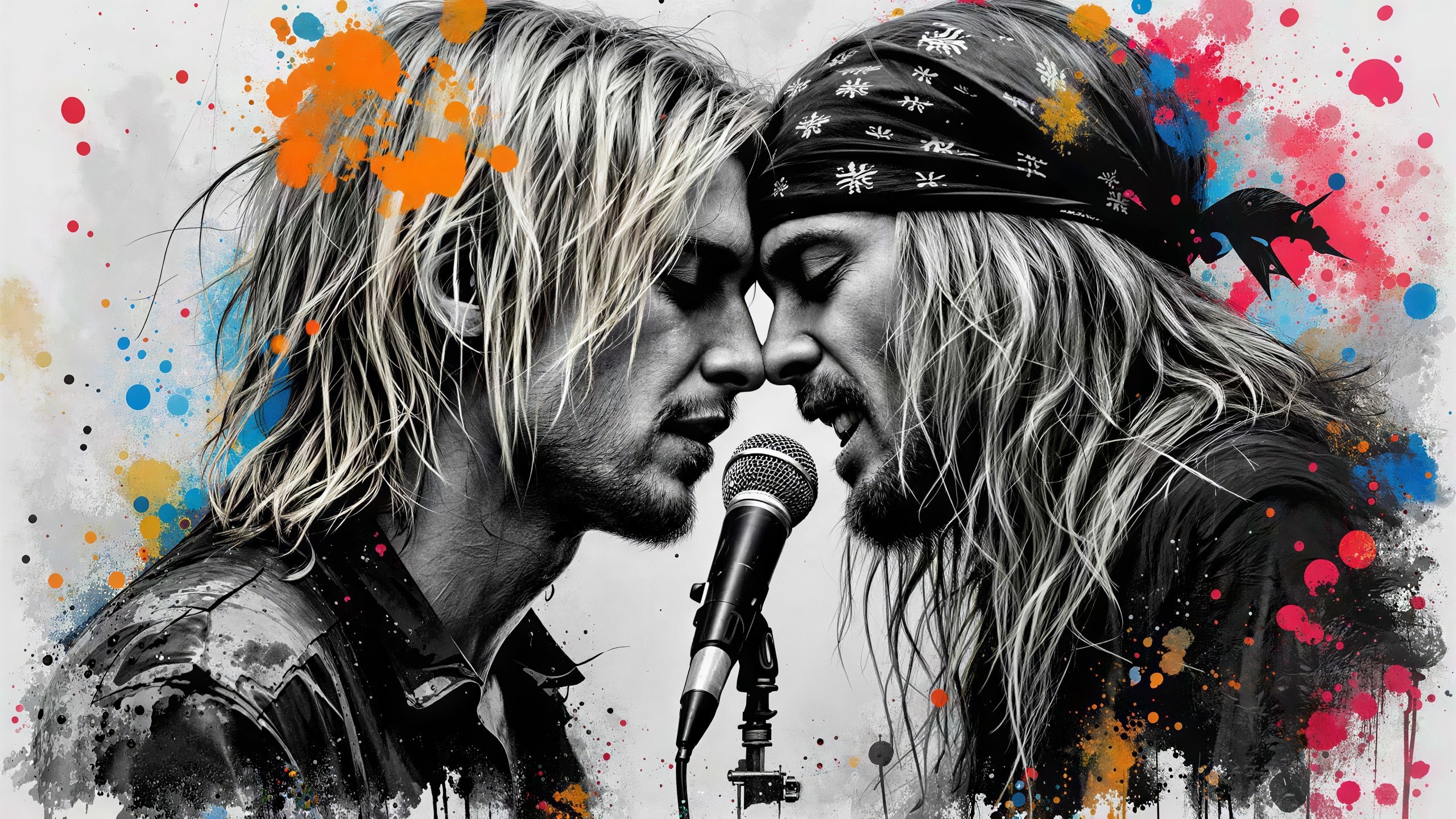 Black-and-white Ink Wash Art of Two Musicians Singing