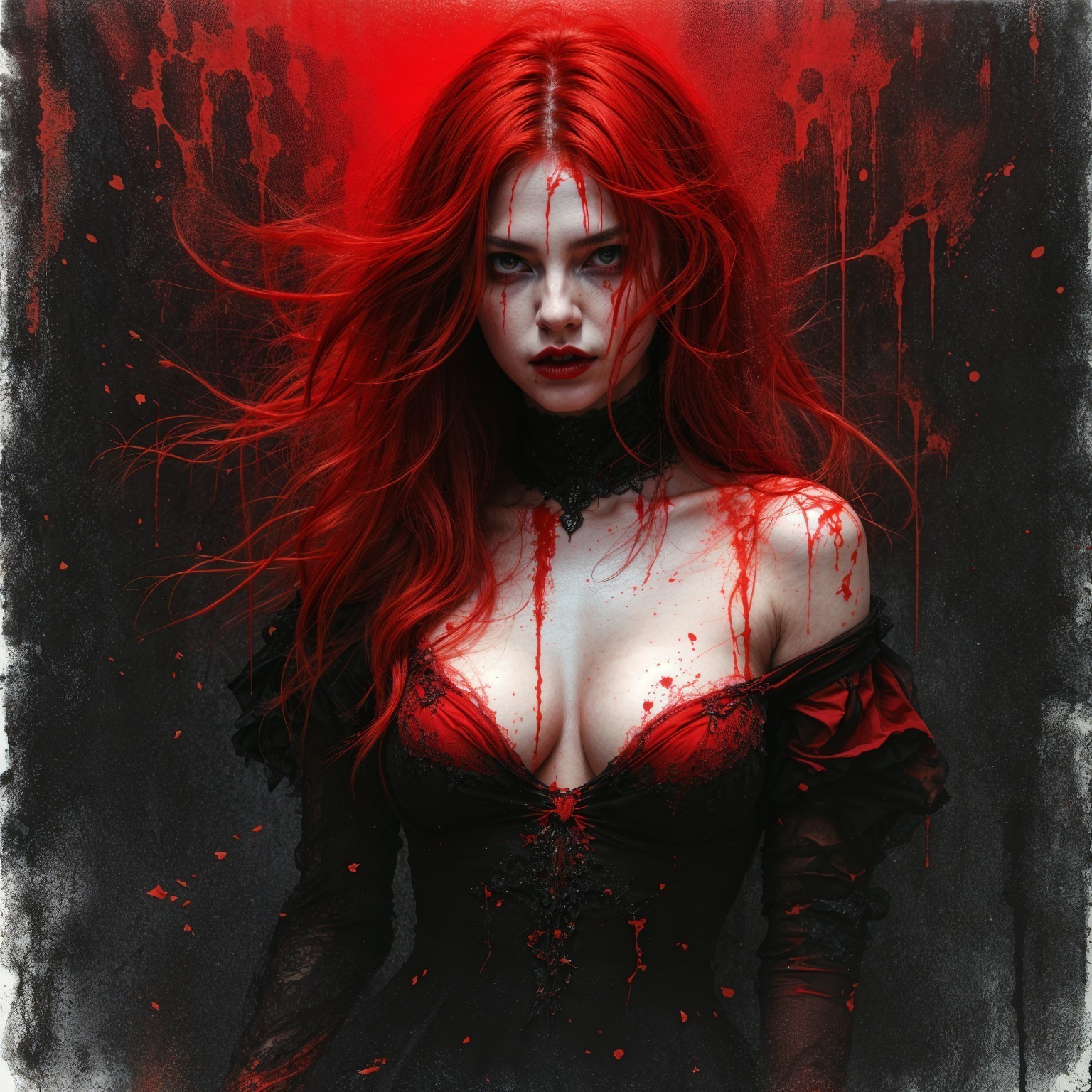 Gothic figure with red hair and dramatic dress