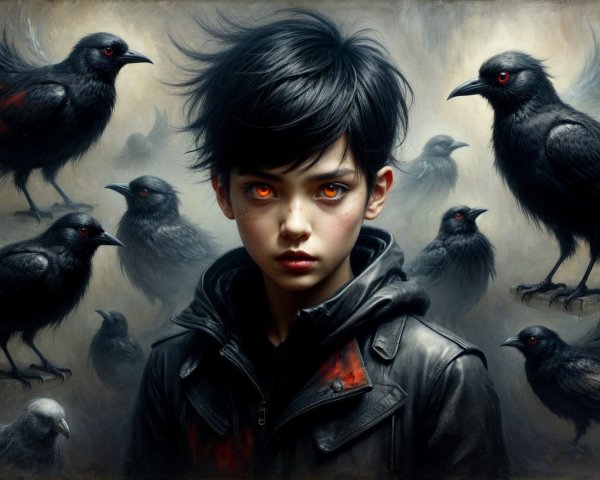 Haunting Portrait of Child with Glowing Orange Eyes