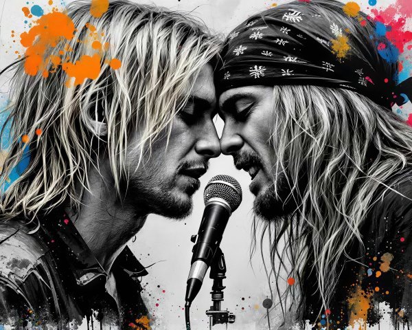 Black-and-white Ink Wash Art of Two Musicians Singing