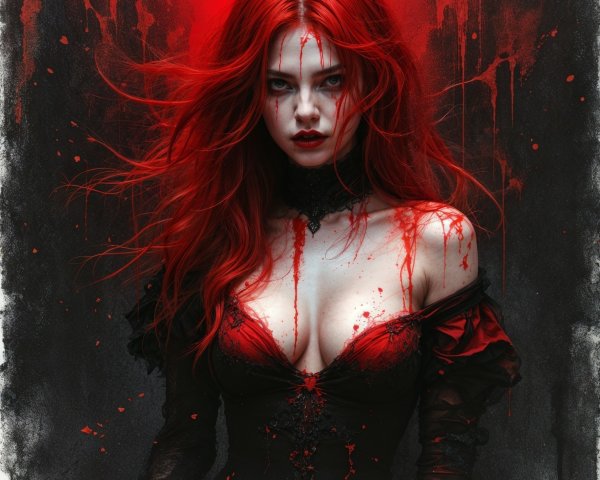 Gothic figure with red hair and dramatic dress
