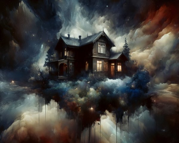 Old Wooden House in Cosmic Colorful Landscape