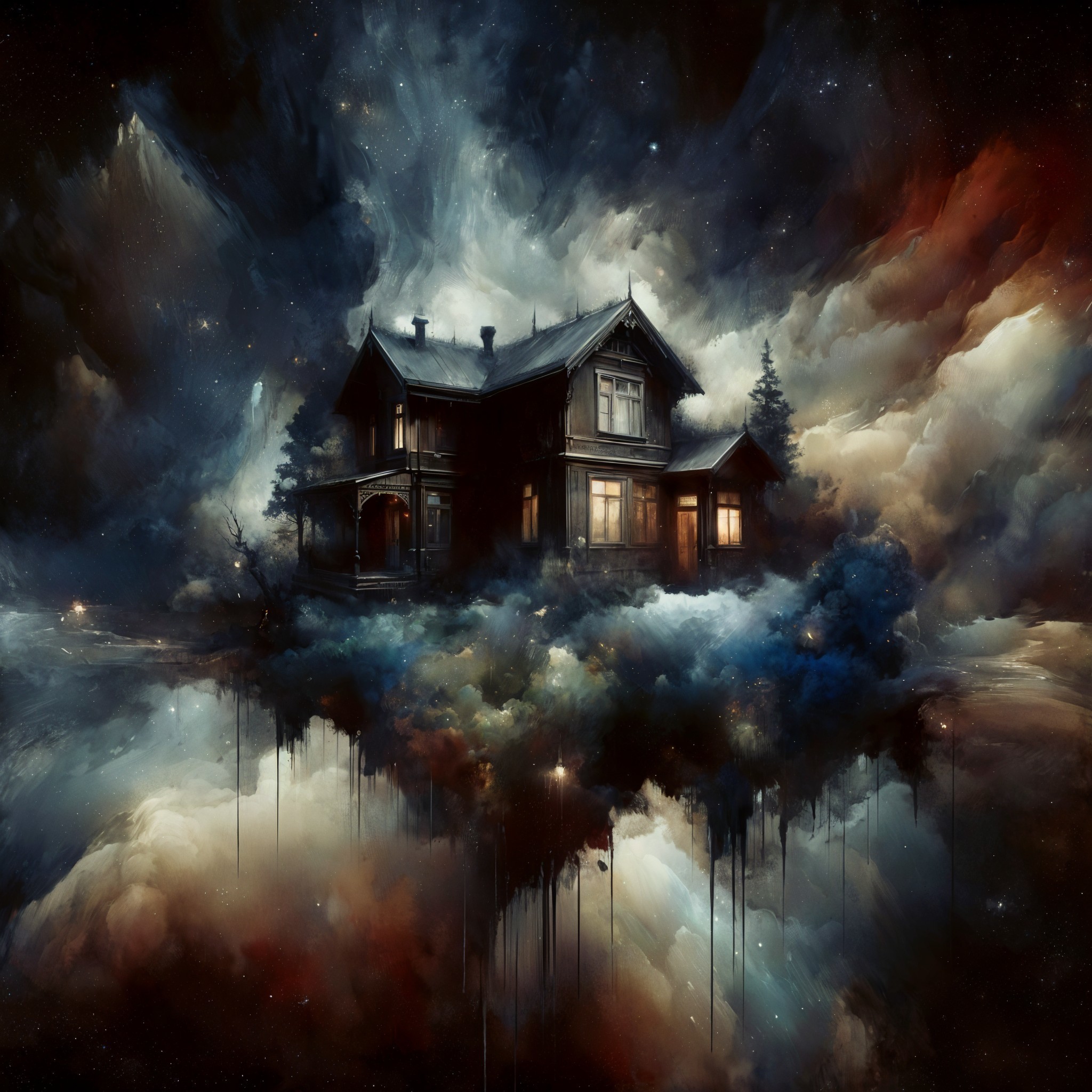 Old Wooden House in Cosmic Colorful Landscape