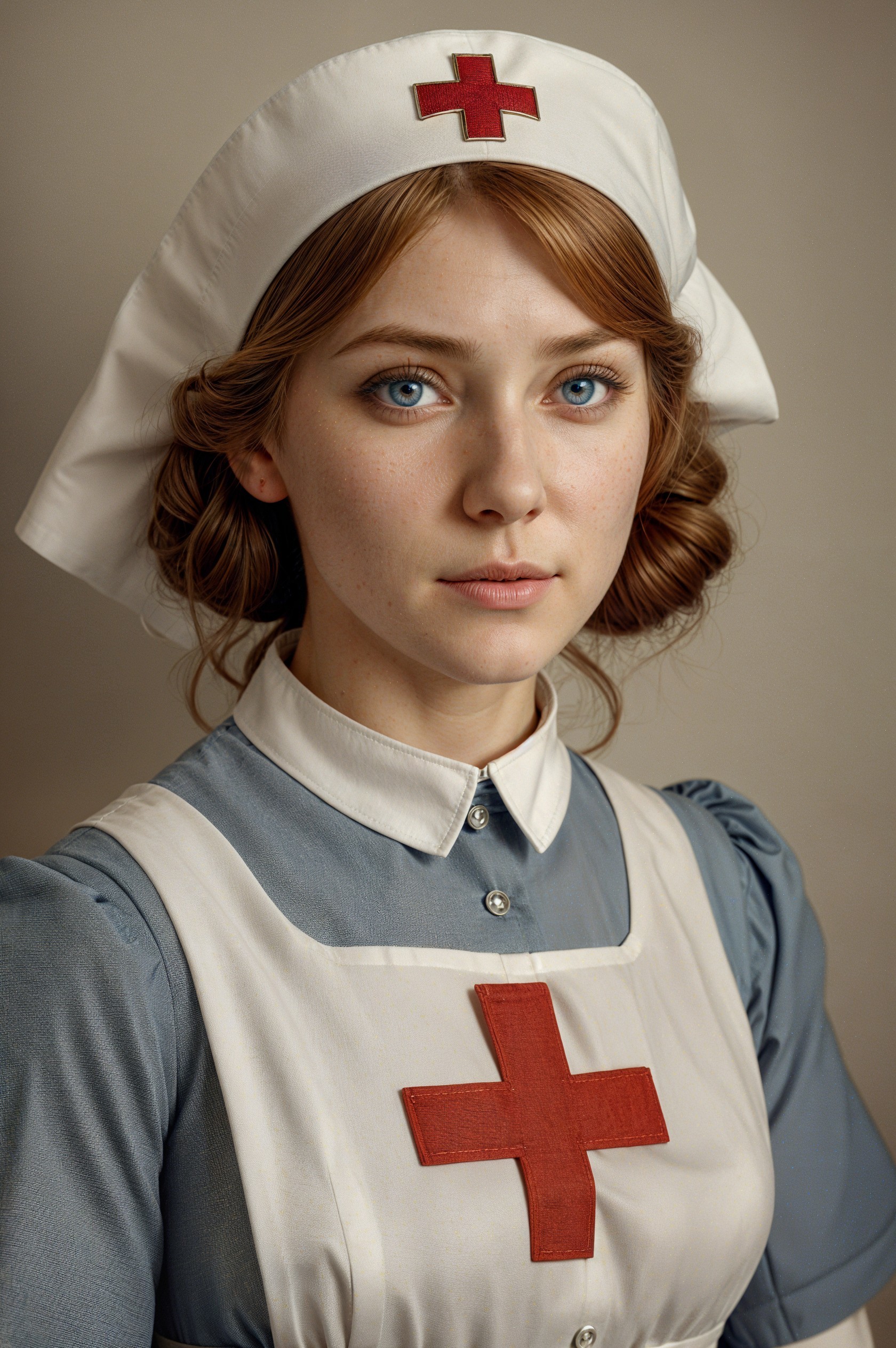 Young Nurse in Traditional Uniform with Blue Eyes