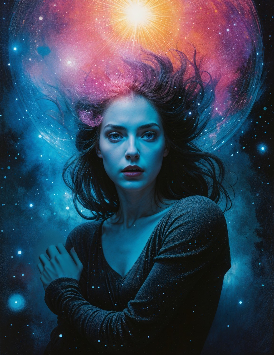 Portrait of a Woman in Cosmic Blue and Purple Light