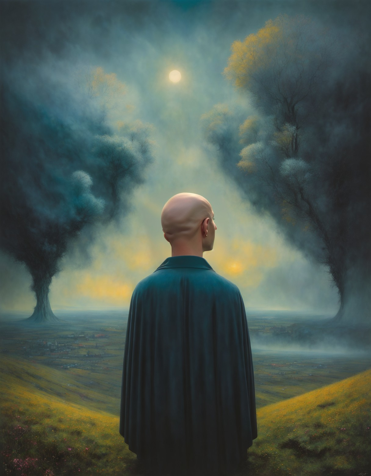 Bald Figure in Cloak Amidst Surreal Landscape and Mist