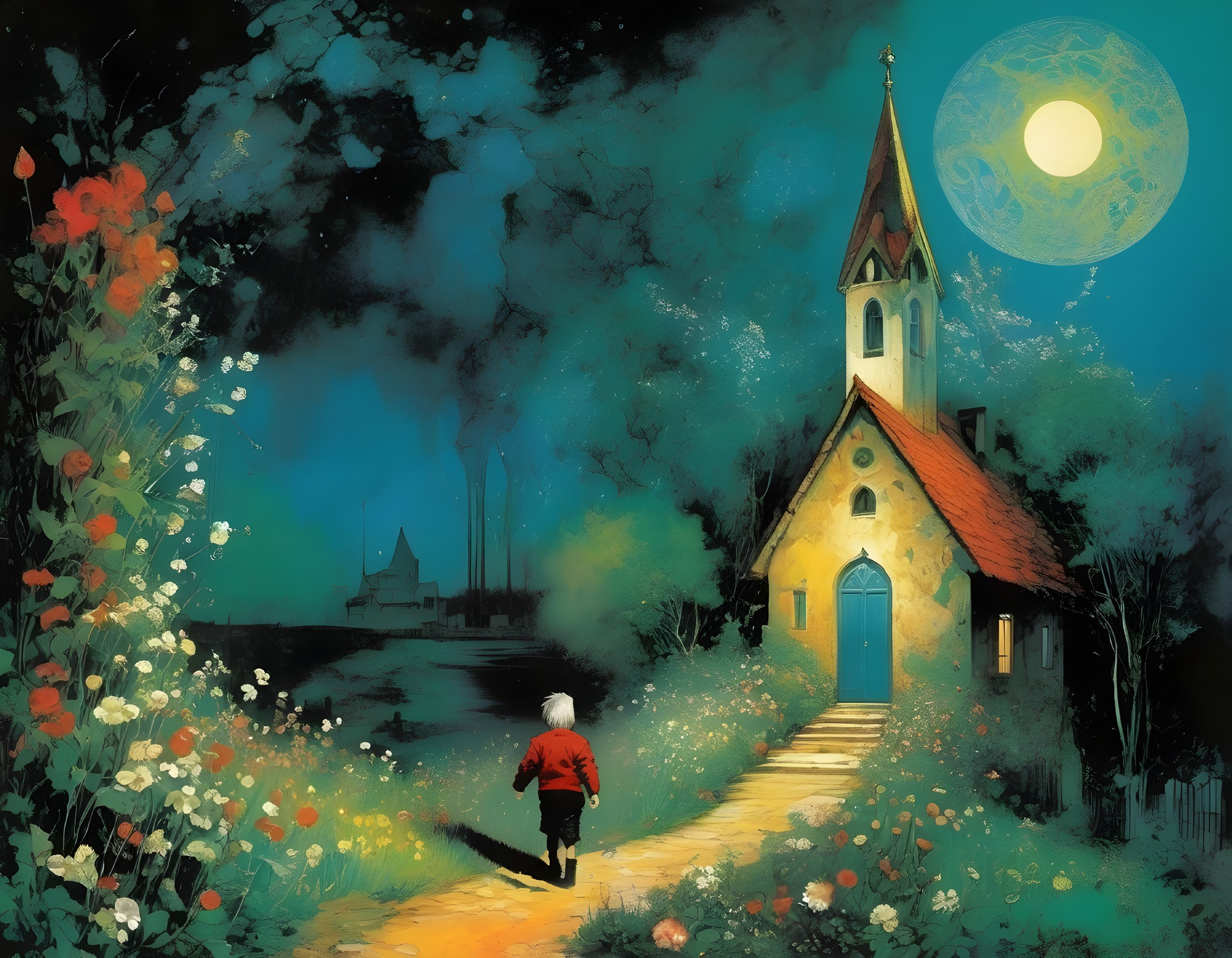 Young figure on a path to a moonlit church scene
