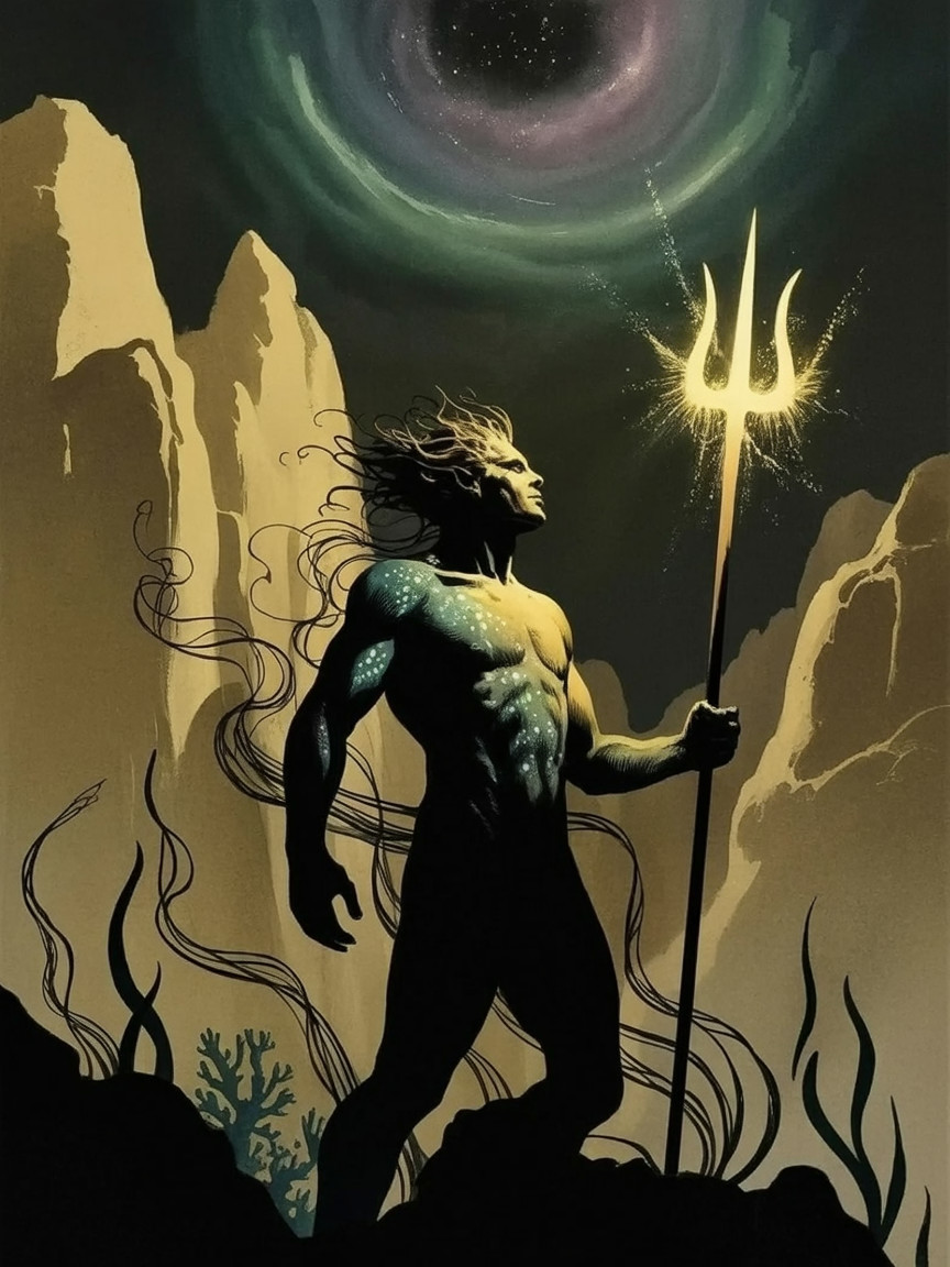 Mythical figure with trident on rocky outcrop