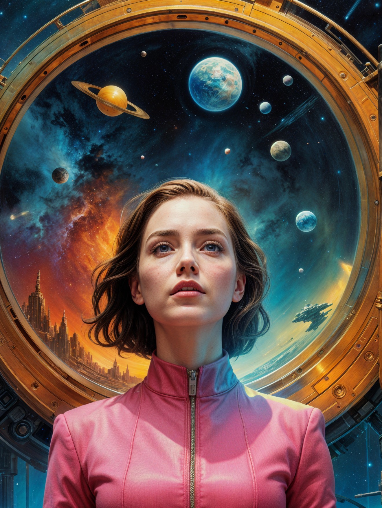 Young woman in pink jacket against cosmic backdrop