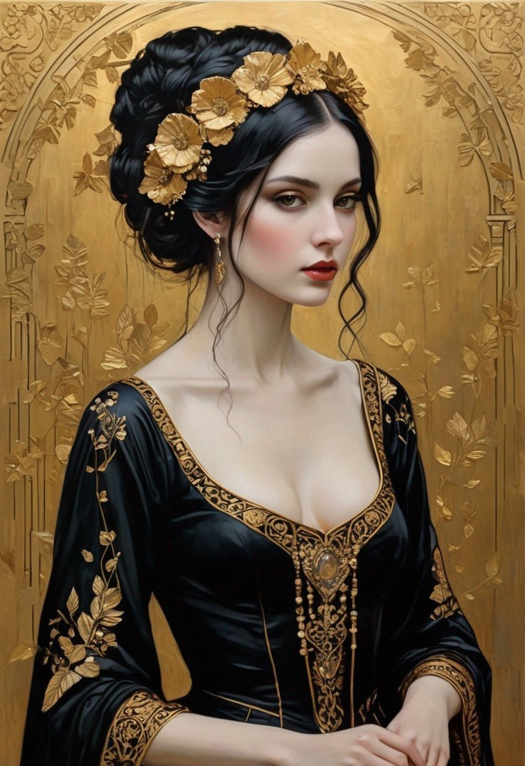 Elegant Woman in Black Gown with Floral Headpiece