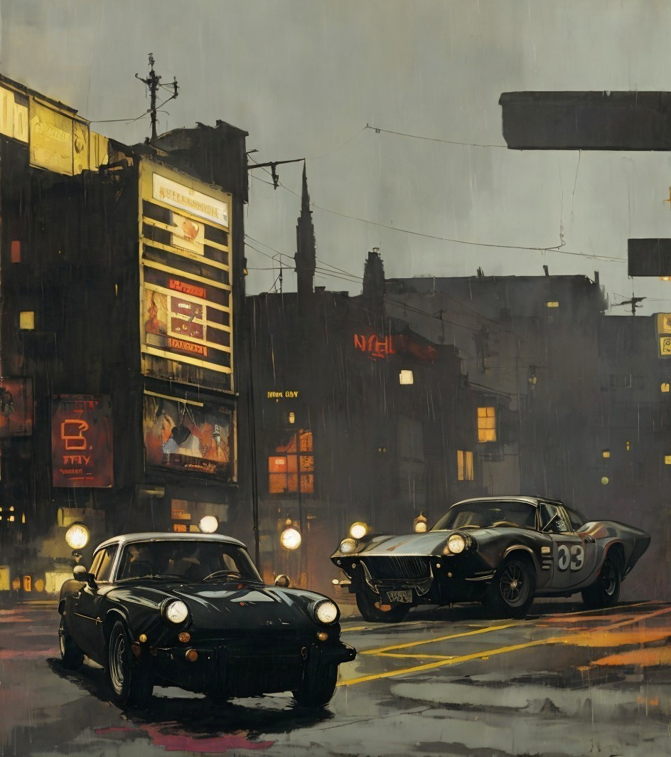 Sports Cars at Rainy Urban Intersection with Neon Lights