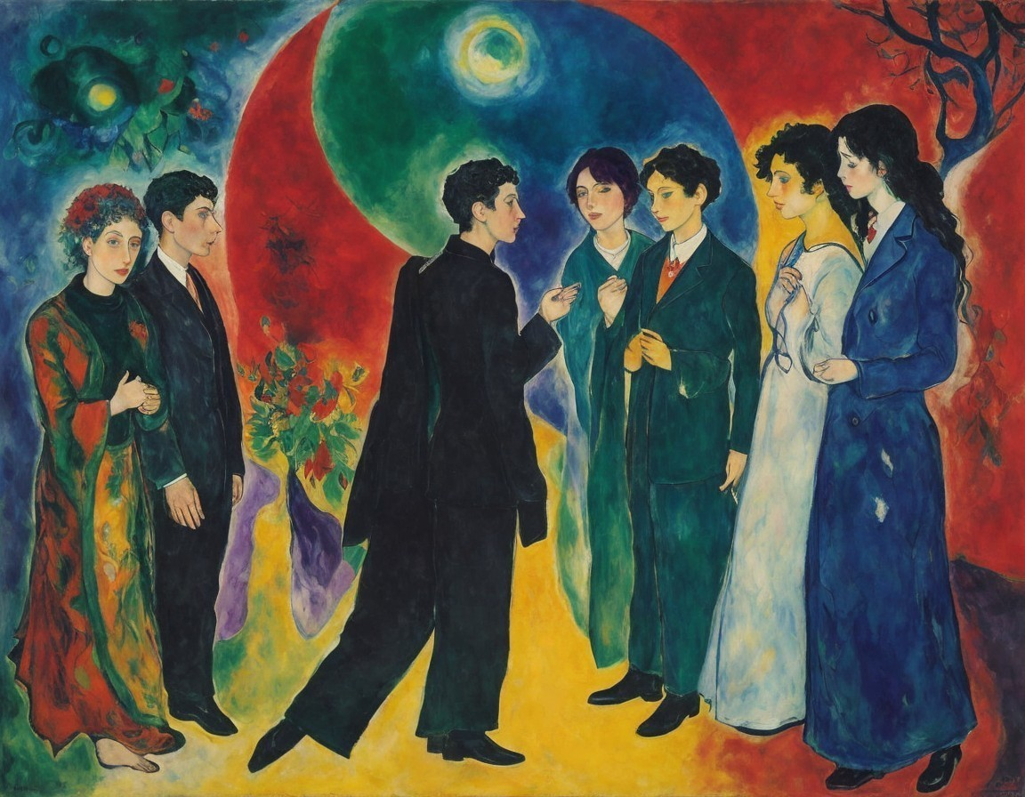 Vibrant Painting of Figures in Engaging Conversation