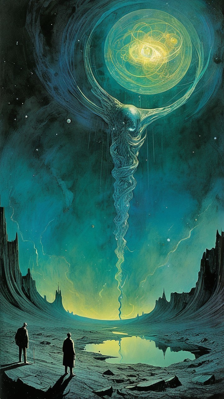 Figures on Rocky Terrain Under Alien Sky with Entity