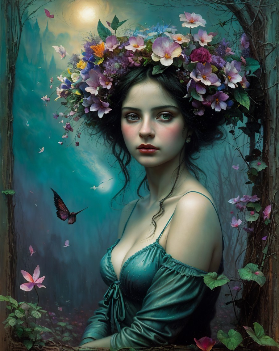 Young Woman in Teal Gown Surrounded by Forest and Flowers