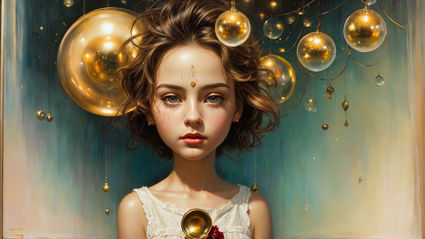 Young girl with golden orbs in a dreamlike scene