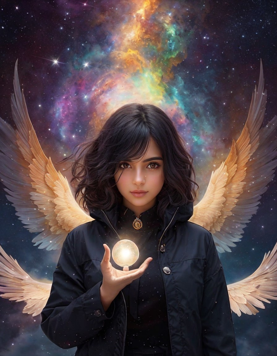 Young woman with wings in cosmic fantasy scene