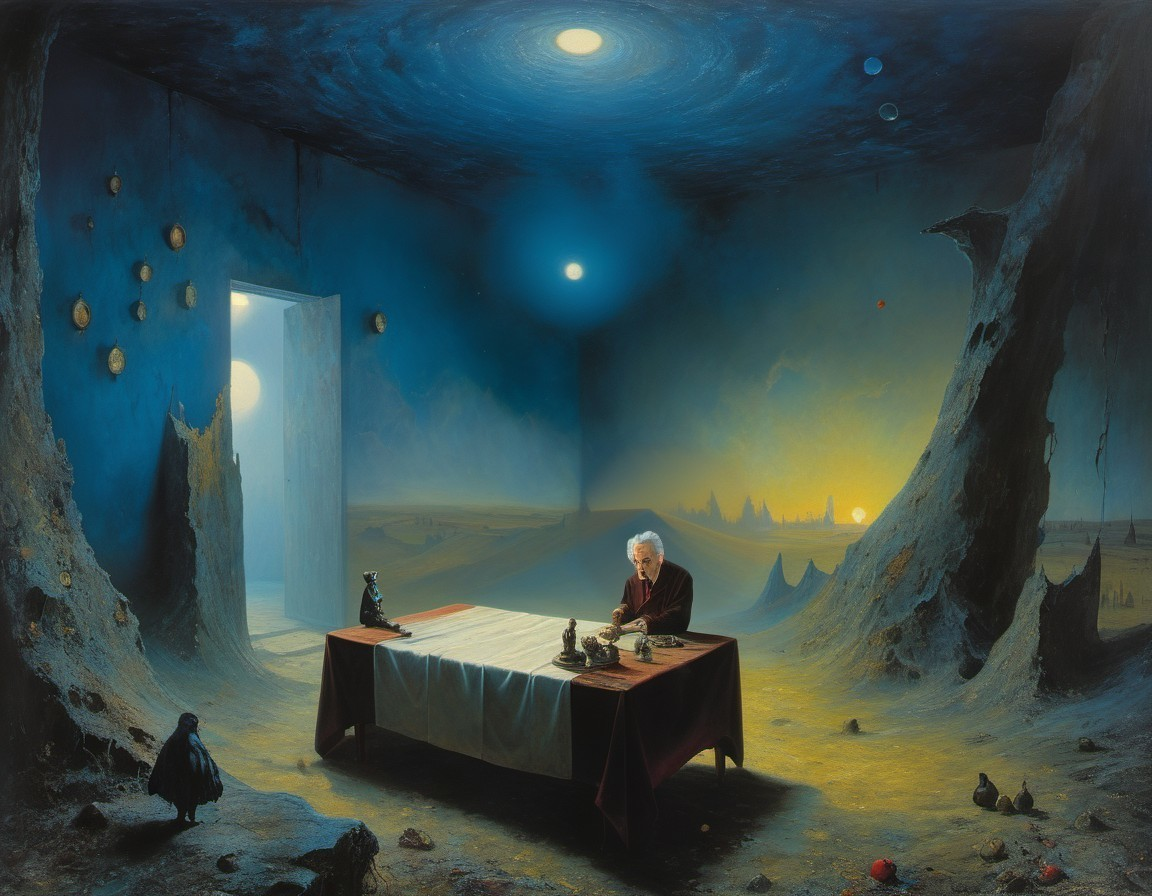 Elderly Figure in Surreal Dreamlike Landscape Setting