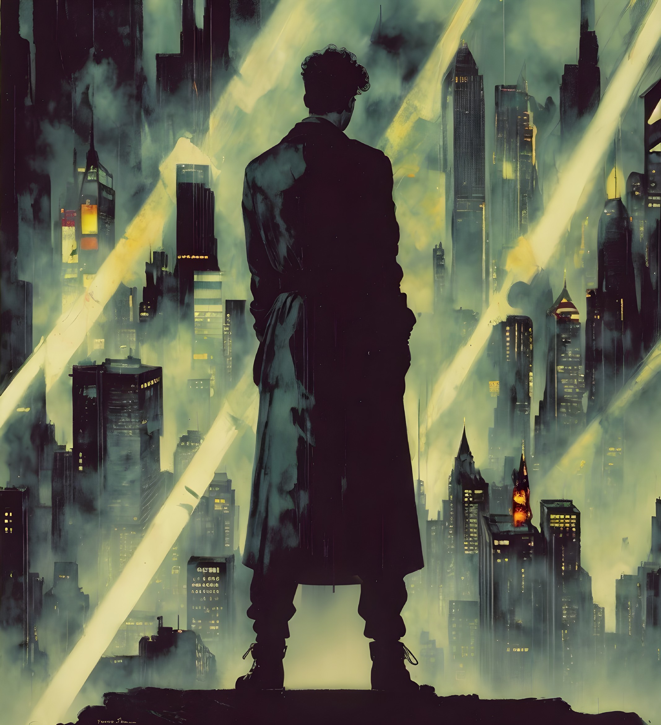 Silhouetted Figure Overlooking Foggy Cityscape