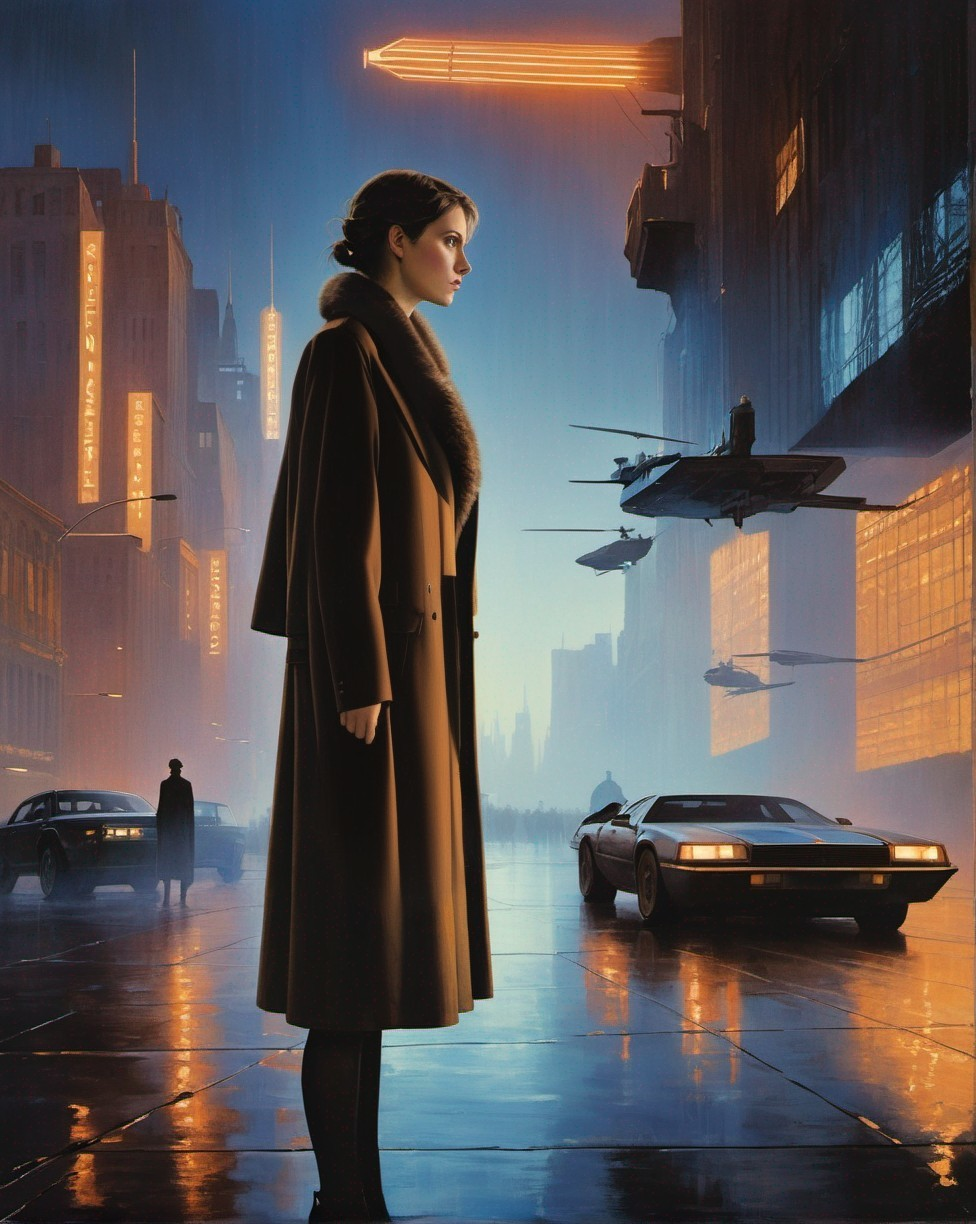 Futuristic cityscape with neon lights at dusk