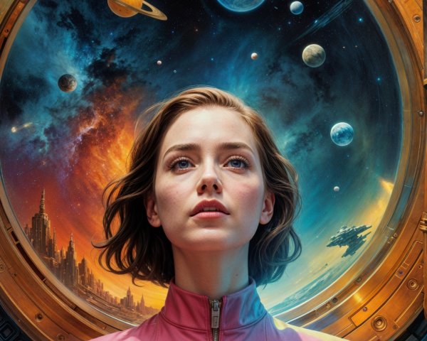 Young woman in pink jacket against cosmic backdrop