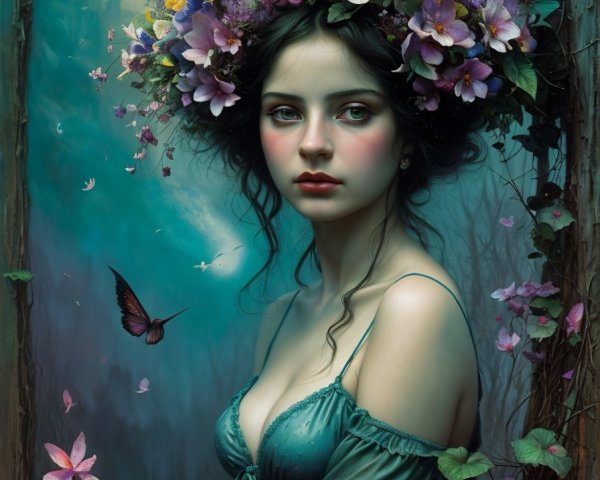 Young Woman in Teal Gown Surrounded by Forest and Flowers