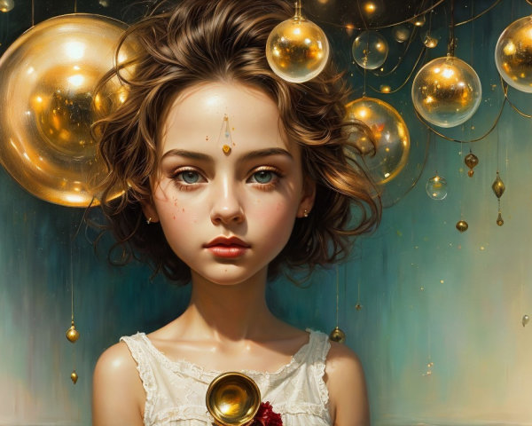 Young girl with golden orbs in a dreamlike scene