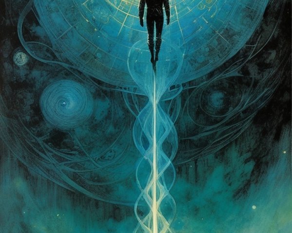 Digital painting of figures in a cosmic landscape at night