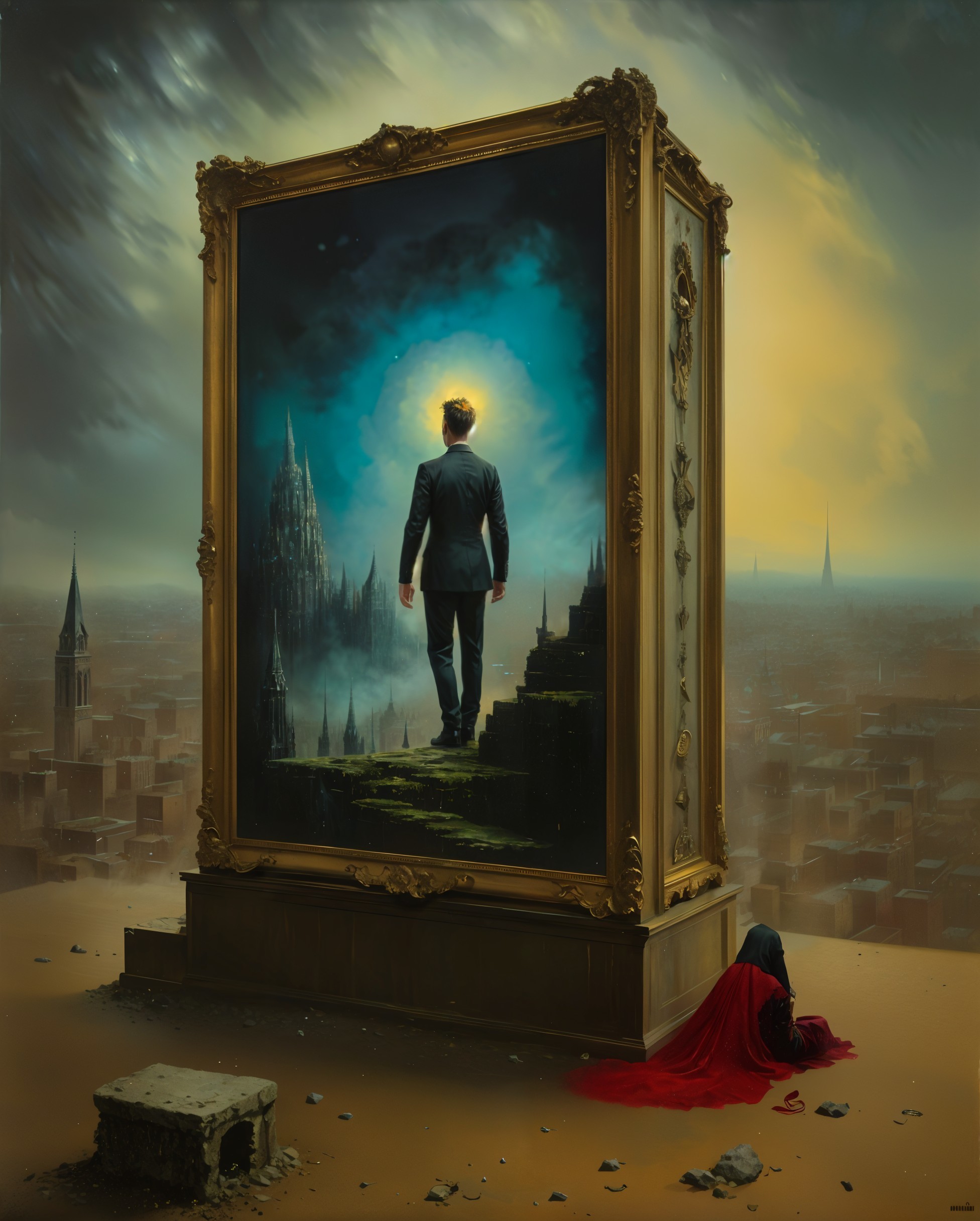 Surreal Scene with Golden Frame and Mysterious Figure
