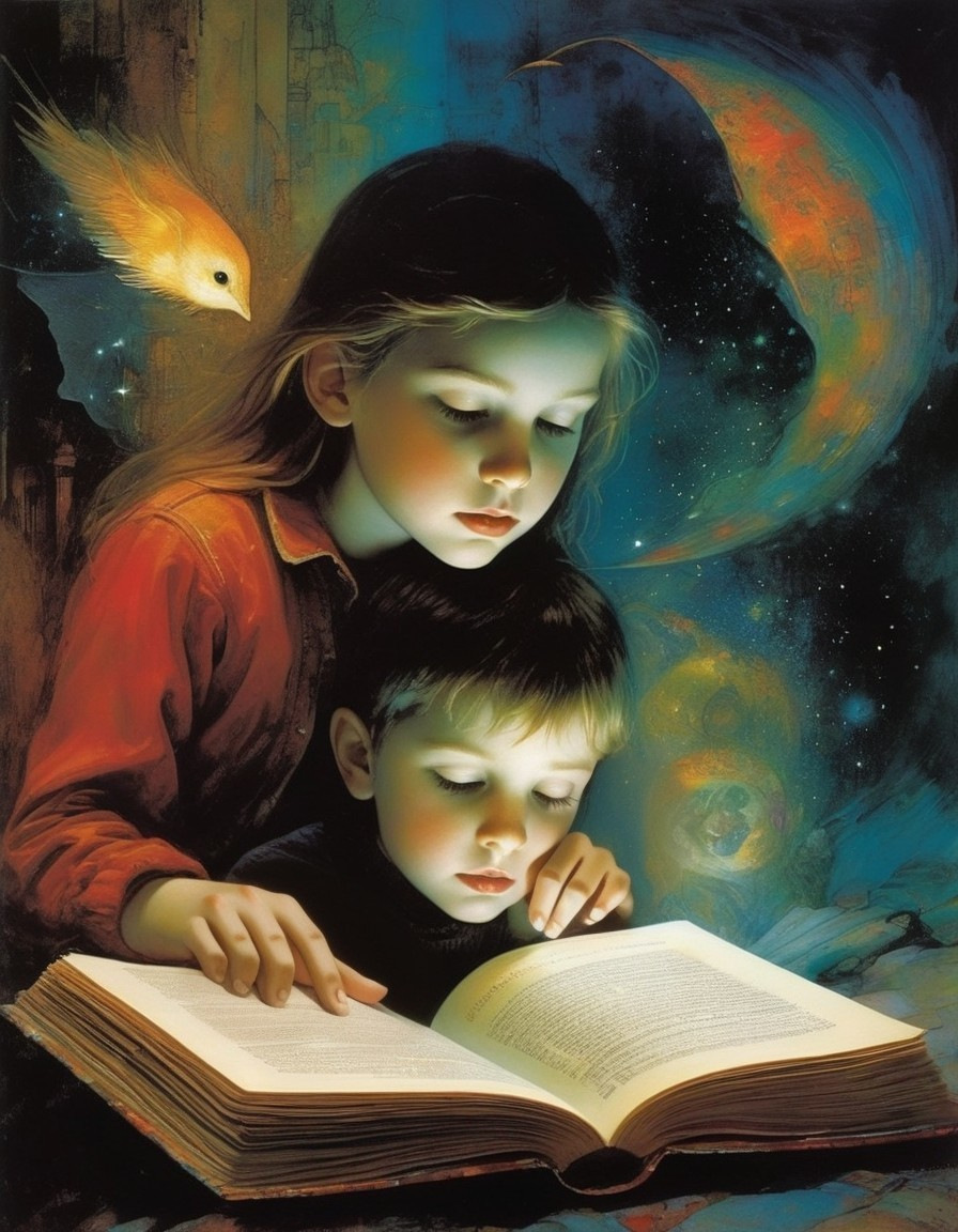 Children Enchanted by Glowing Book and Mystical Owl