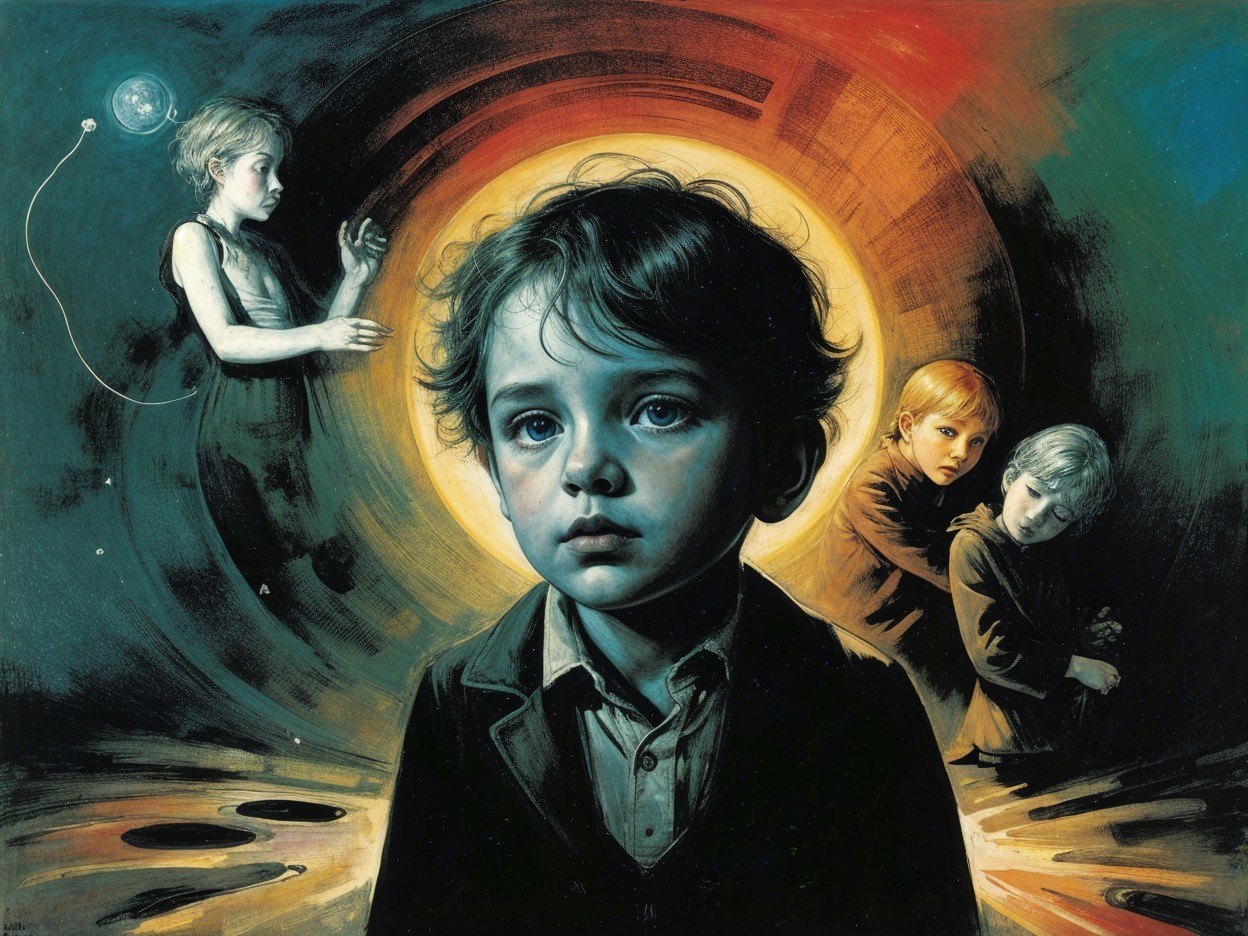 Boy in Formal Jacket in Cosmic Landscape with Figures