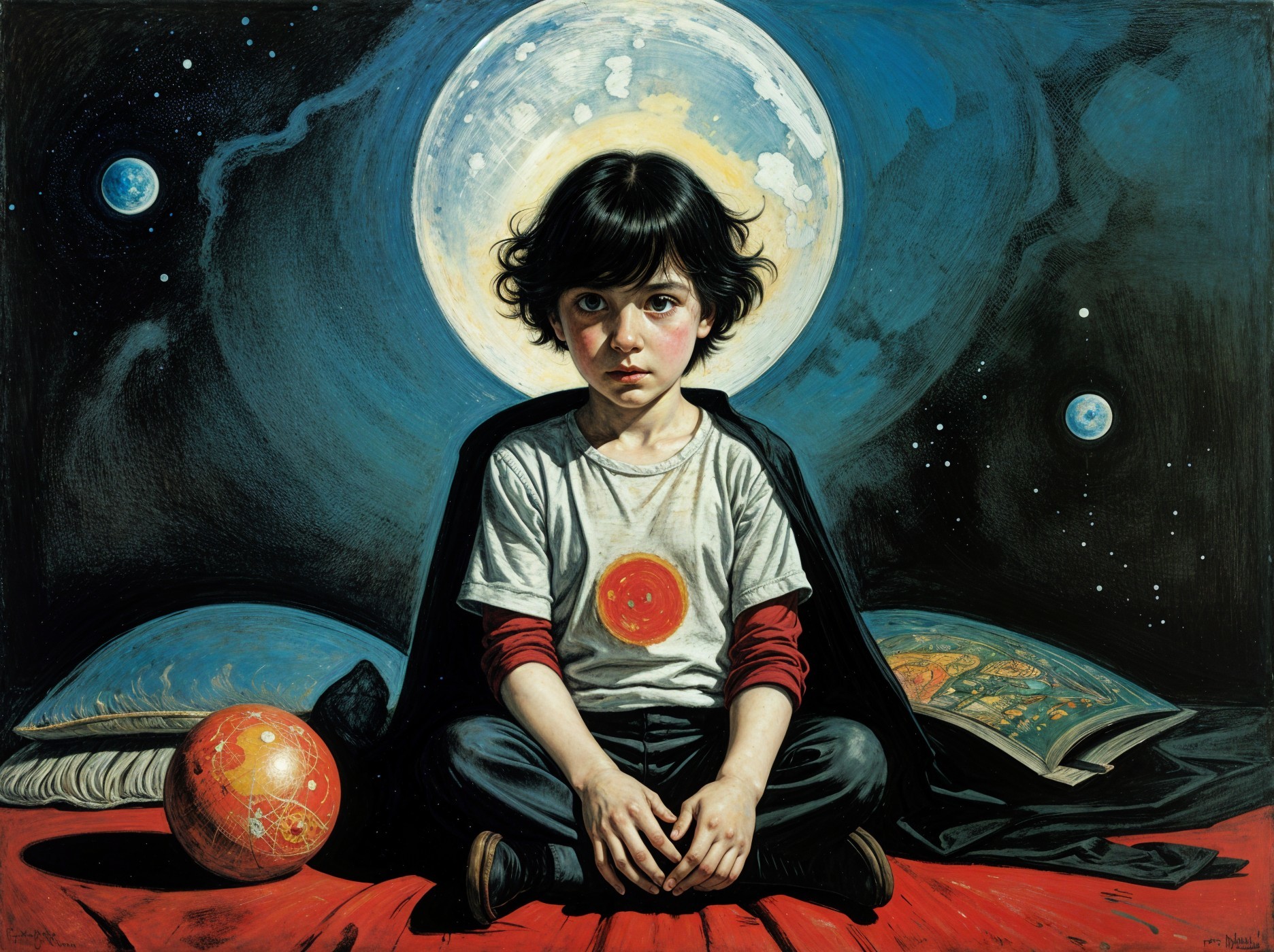 Young boy in cape on red blanket under moon and stars