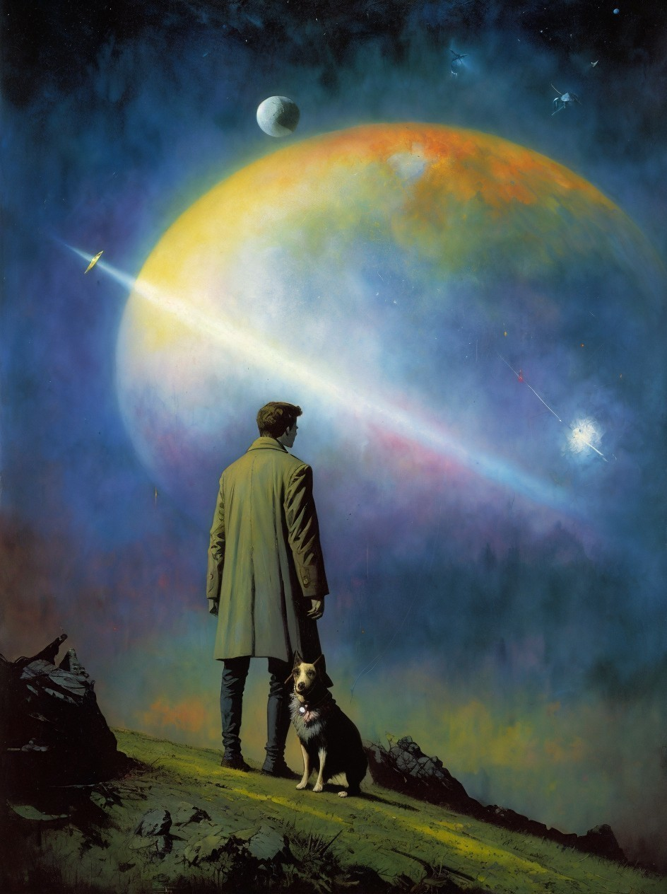 Lone Figure and Dog Overlooking Cosmic Landscape
