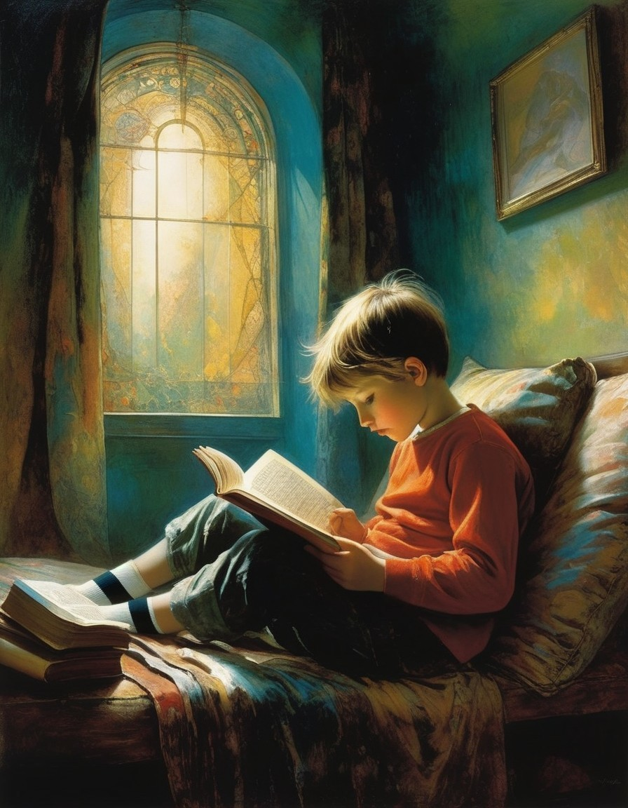 Young boy reading on a cozy couch with sunlight