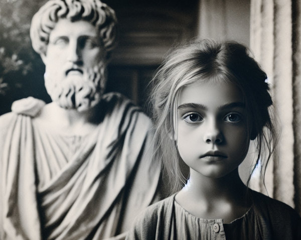 Young girl and classical statue in serene setting