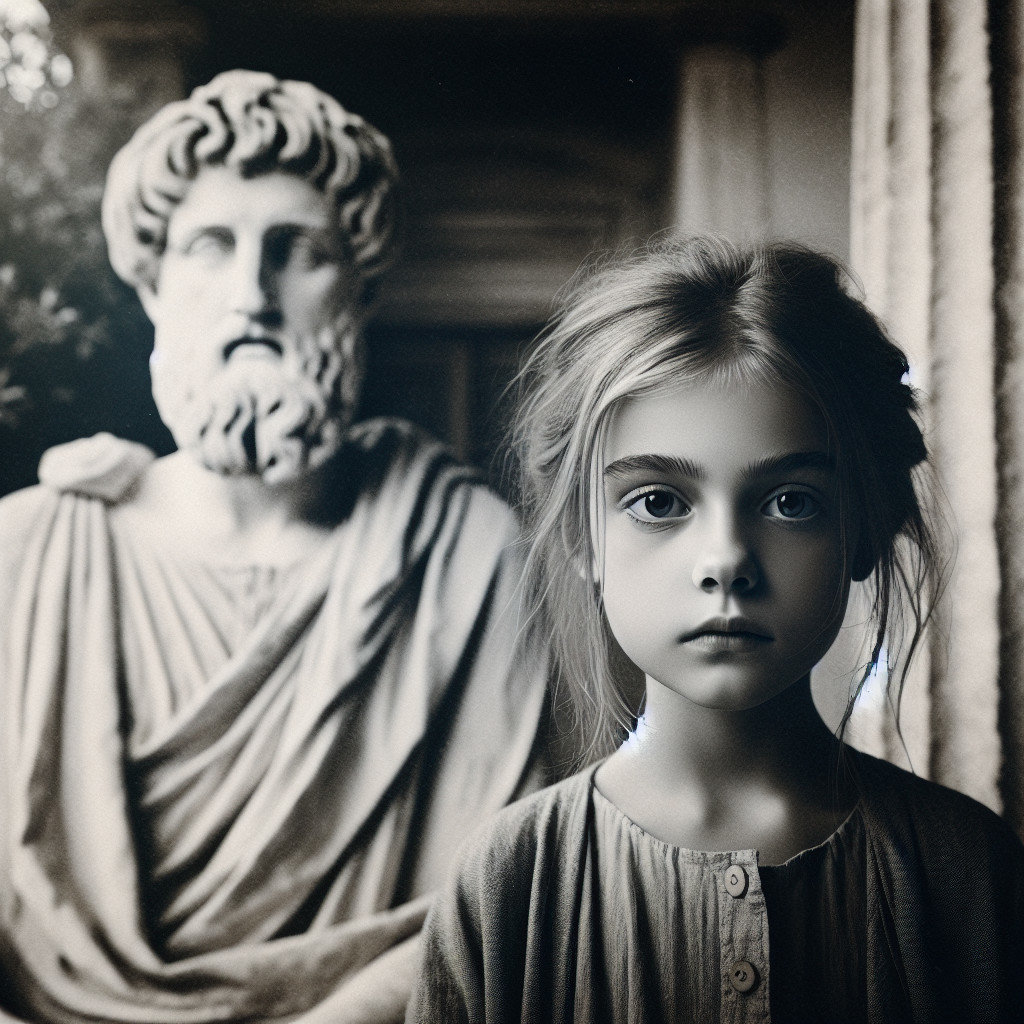 Young girl and classical statue in serene setting