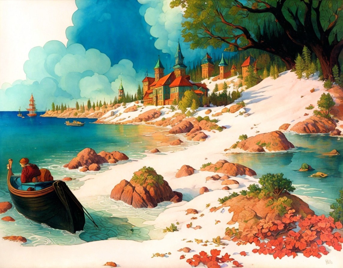Serene Coastal Landscape with Charming Village and Boat