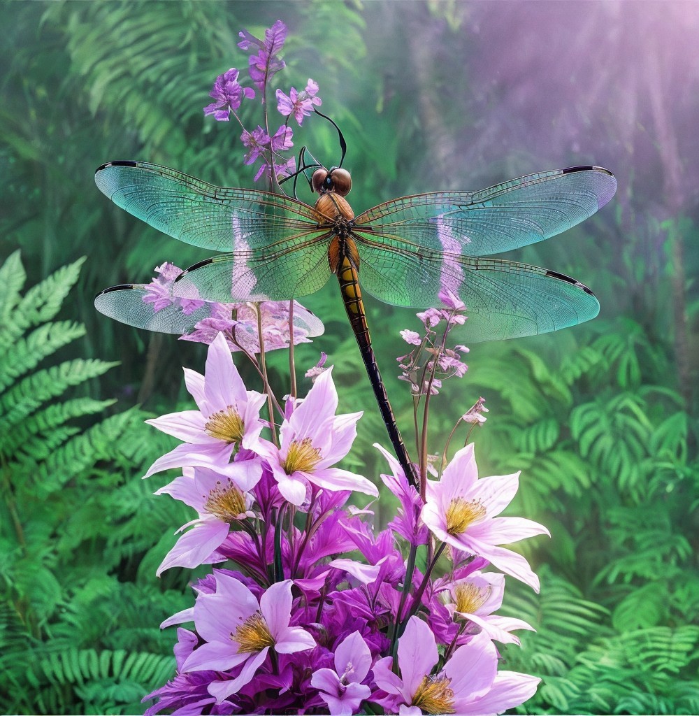 Colorful Dragonfly Over Purple Flowers in Nature