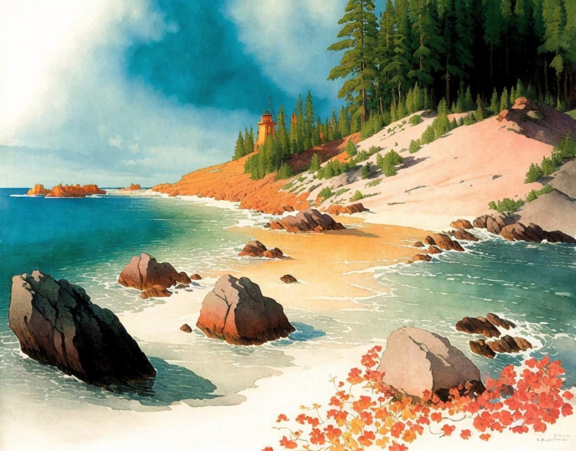Serene Coastal Scene with Beach, Rocks, and Lighthouse